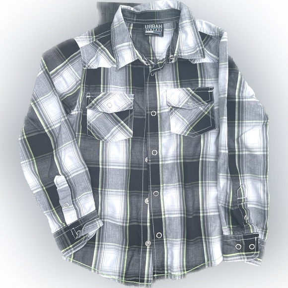 Boys Button Down Long Sleeve shirt, Urban Vintage size 5/6 Black-Grey-Lime - Picture 1 of 2
